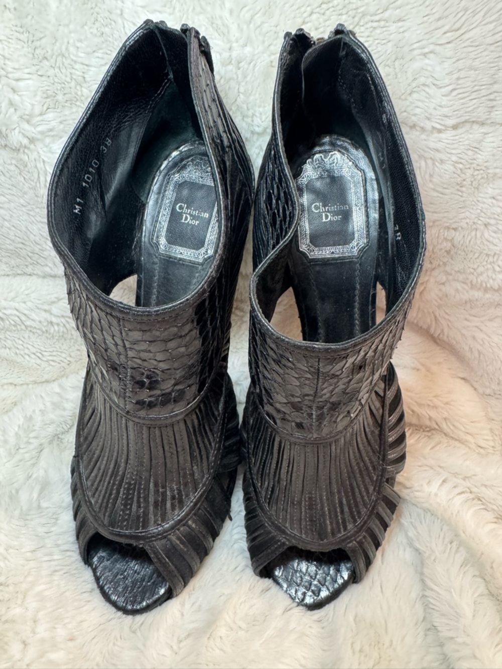 Dior Black Peep-Toe Textured Leather Heels